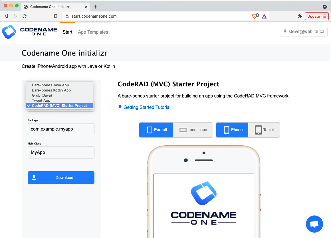 initializr select coderad starter project
