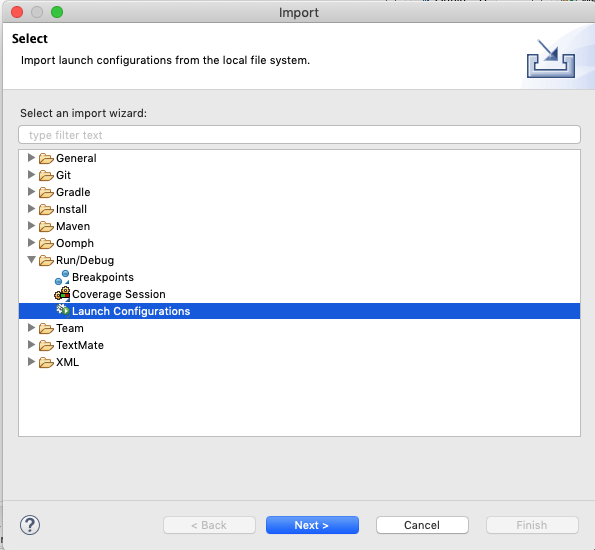 eclipse import launch configurations dialog