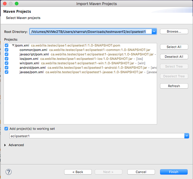 eclipse import maven projects dialog